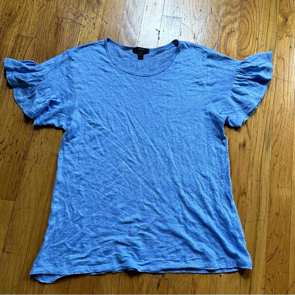 Medium Blue J Crew Linen Blouse with Pleated Sleeves